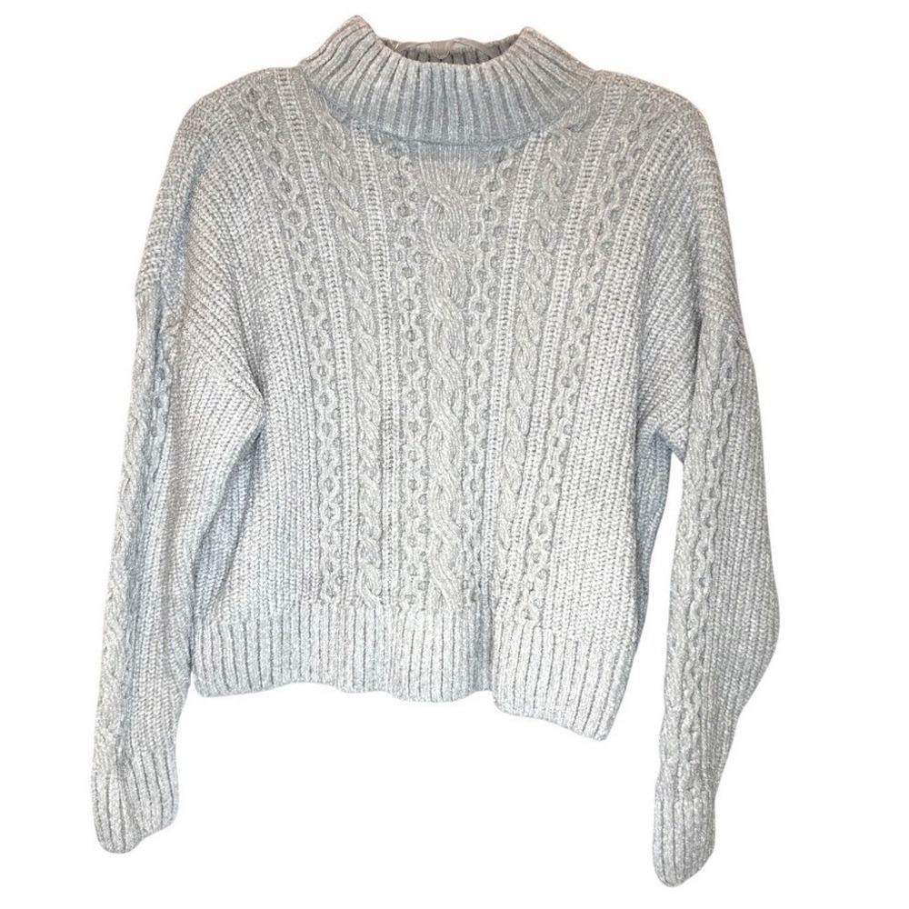 Rachel Zoe Cable Knit Turtleneck Sweater Small Silver Sparkle Cozy Pullover